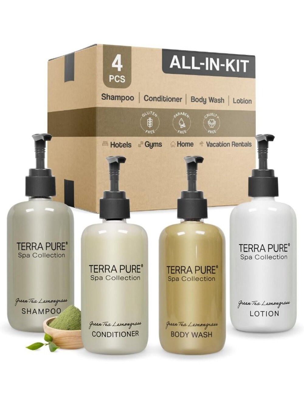 4-Piece Spa Set: Shampoo, Conditioner, Hand & Body Wash, Moisturizing Lotion